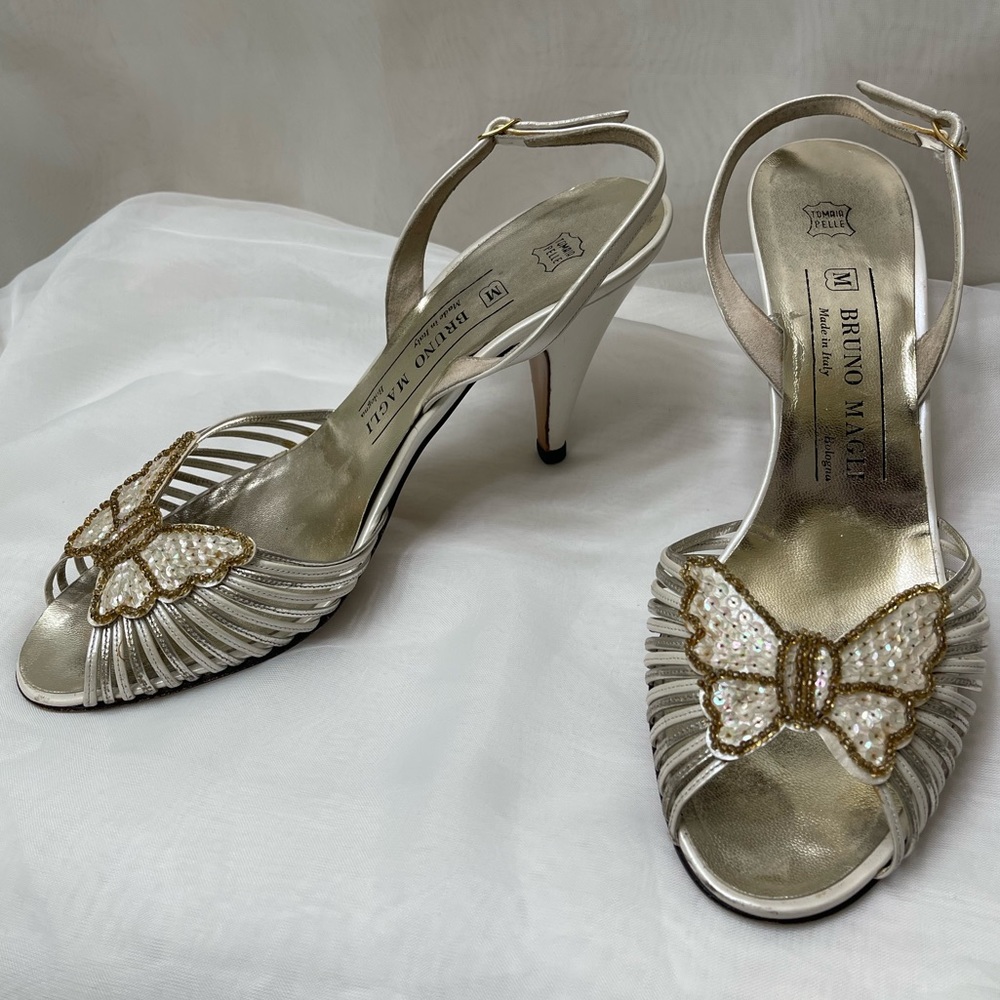 SOLD- Vintage Bruno Magli Made in Italy Silver/White Strappy Pumps Size 8 1/2